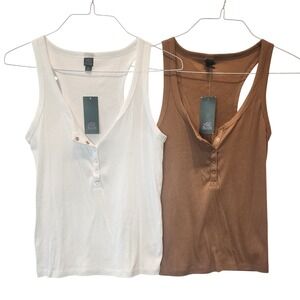 Wild Fable Henley Tank Top Womens XXL White Brown Ribbed Racerback 2 Pack NWT